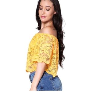 Ambiance Marigold Mustard Floral Lace Off Shoulder Crop Top